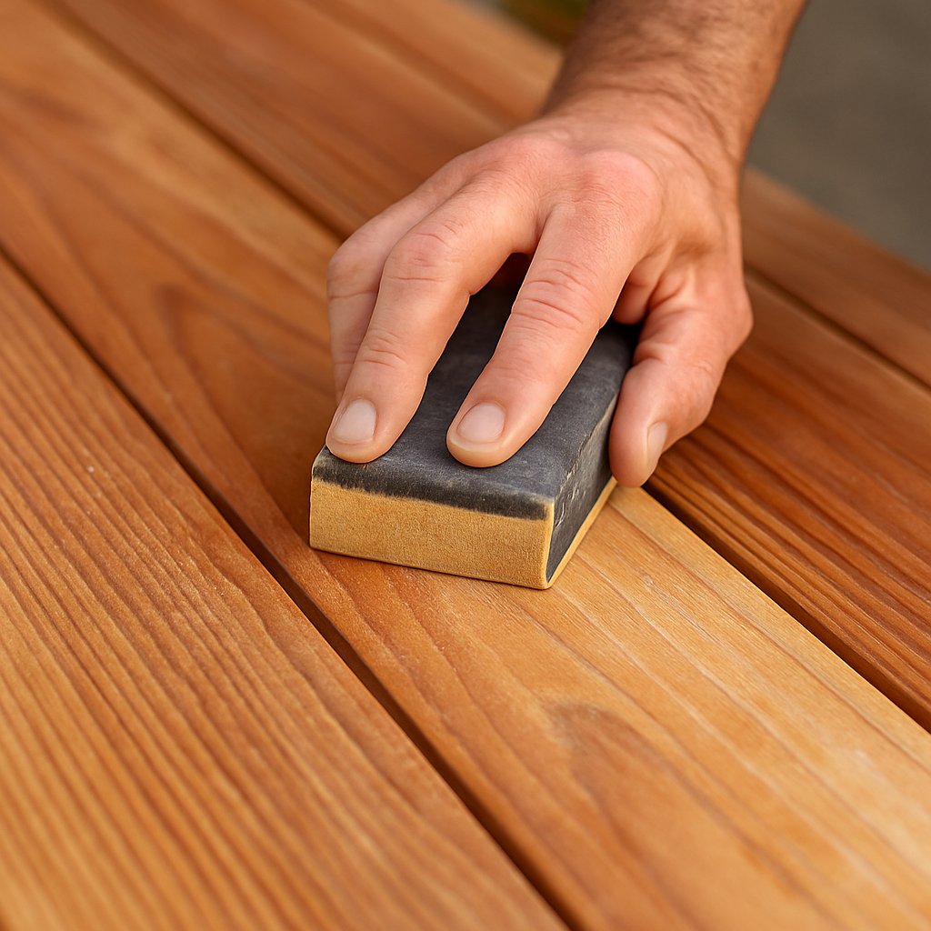 Contractor sanding cedar with 80-grit paper to open grain before staining