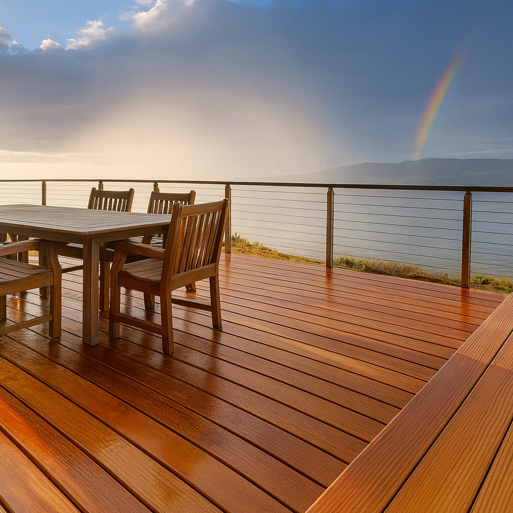 Wood deck on BC coast protected with water-based stain and UV topcoat